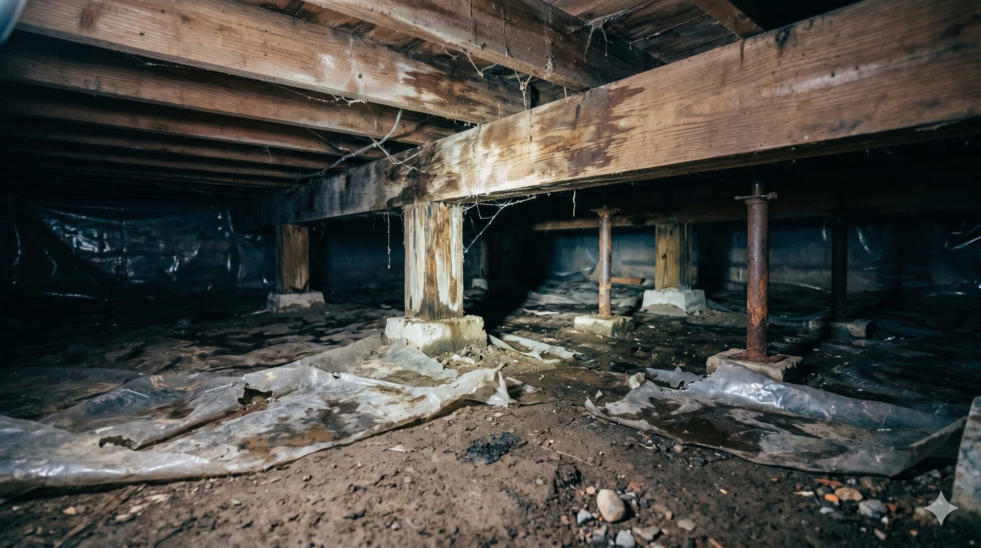 Damp dirt crawl space with wood support posts under an older home