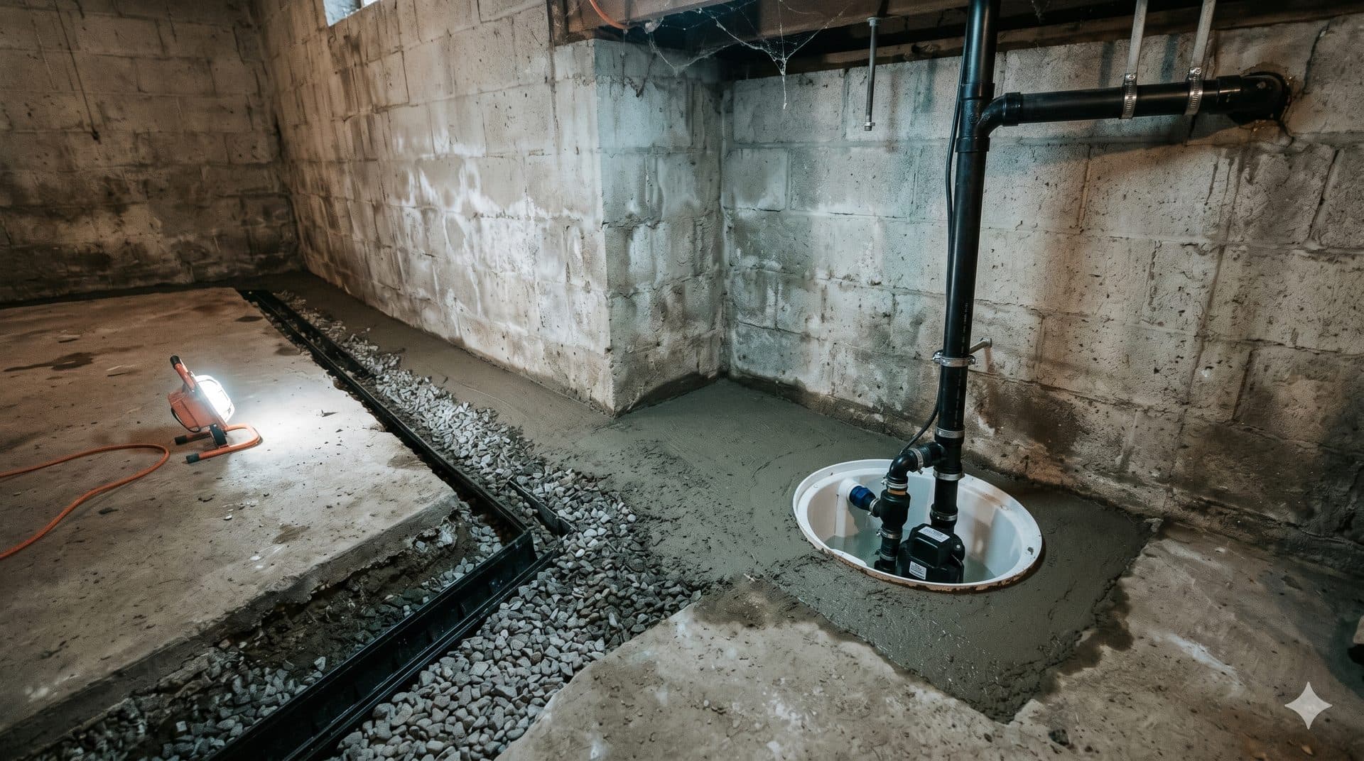 Interior basement perimeter drain and sump pump waterproofing system