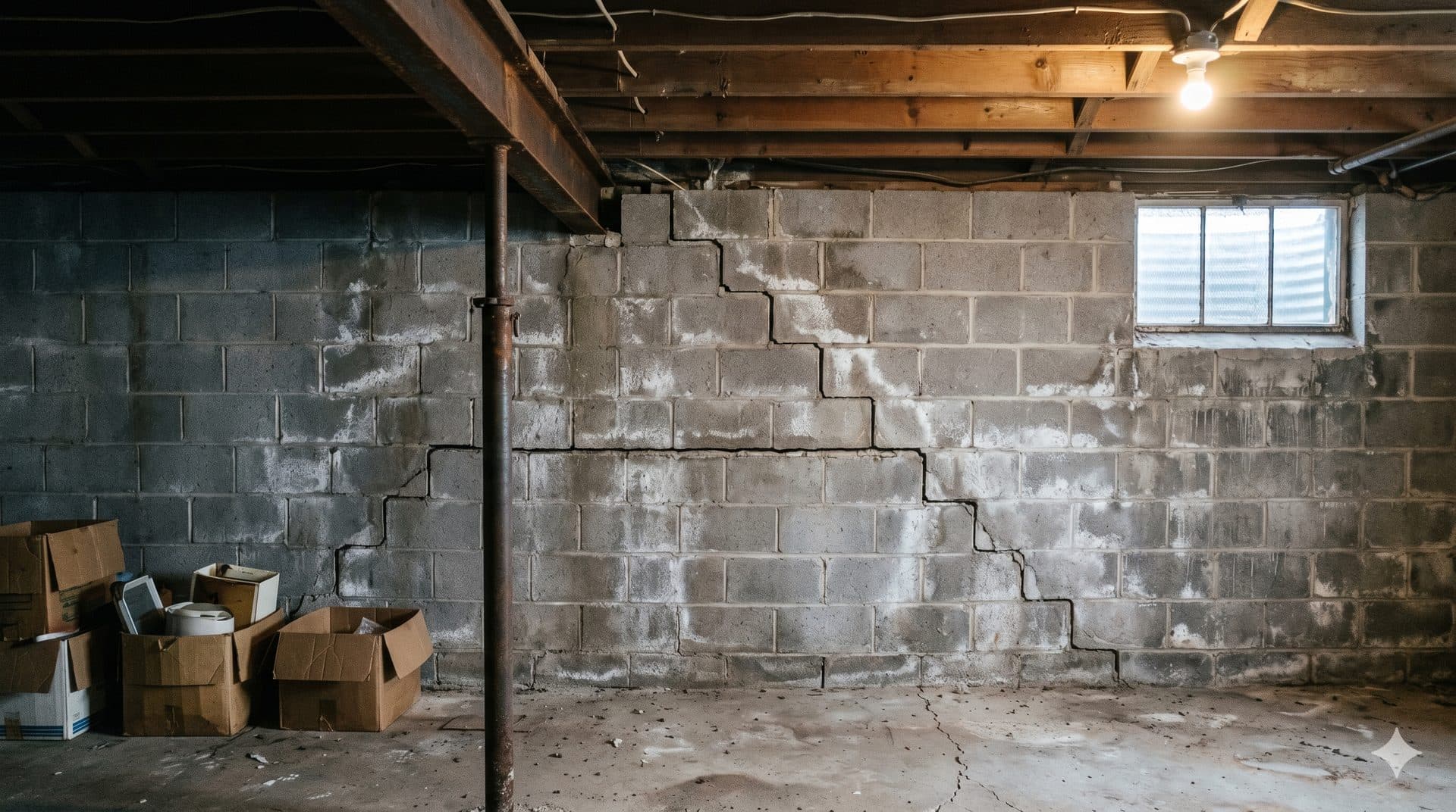 Bowing concrete block basement wall pushed inward by soil pressure