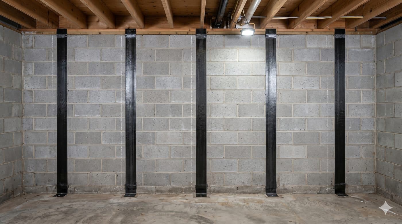 Carbon fiber straps bonded to a basement wall to stop bowing